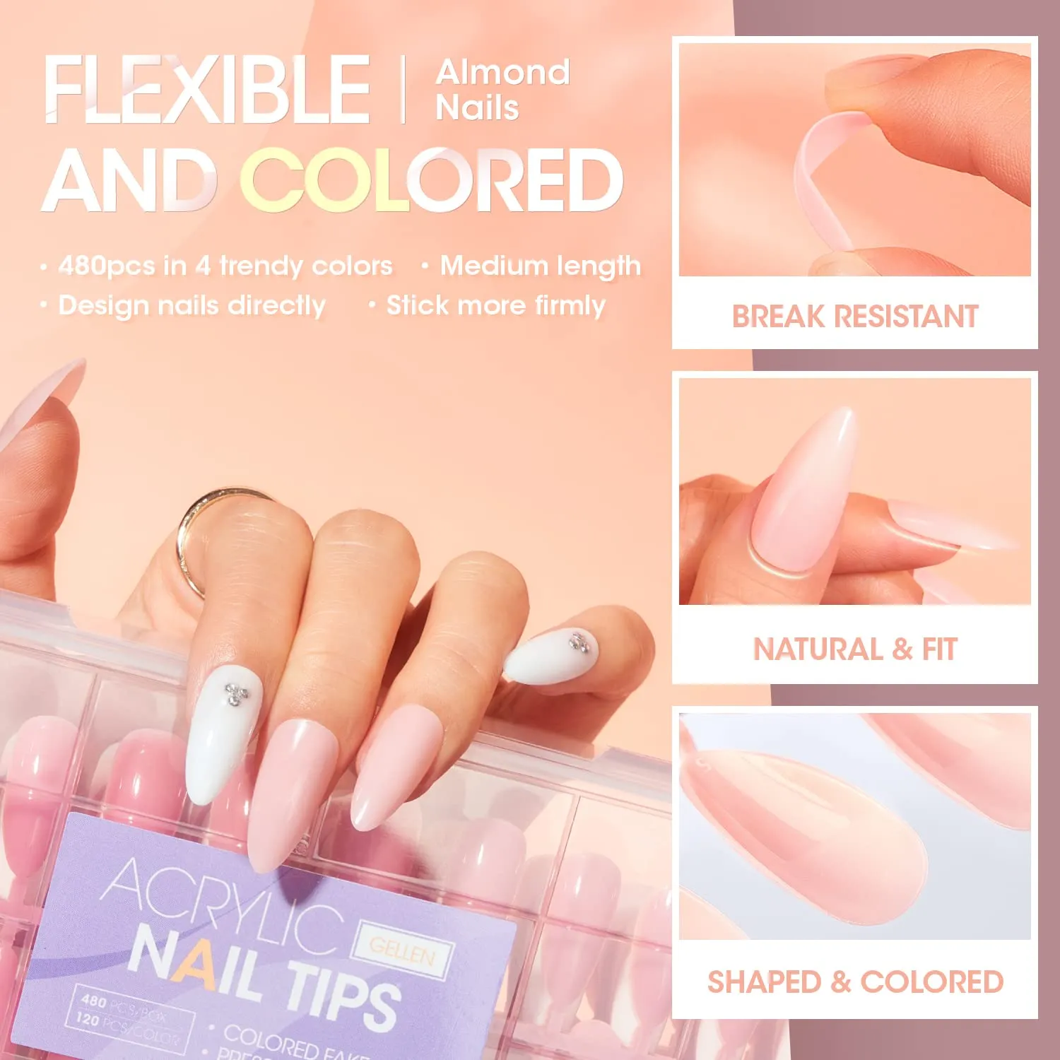 Nail Tips and Glue Gel Kit, 480Pcs Medium Almond Fake Nails, Easy Nail Glue Gel Nail Extension Kit With UV Light