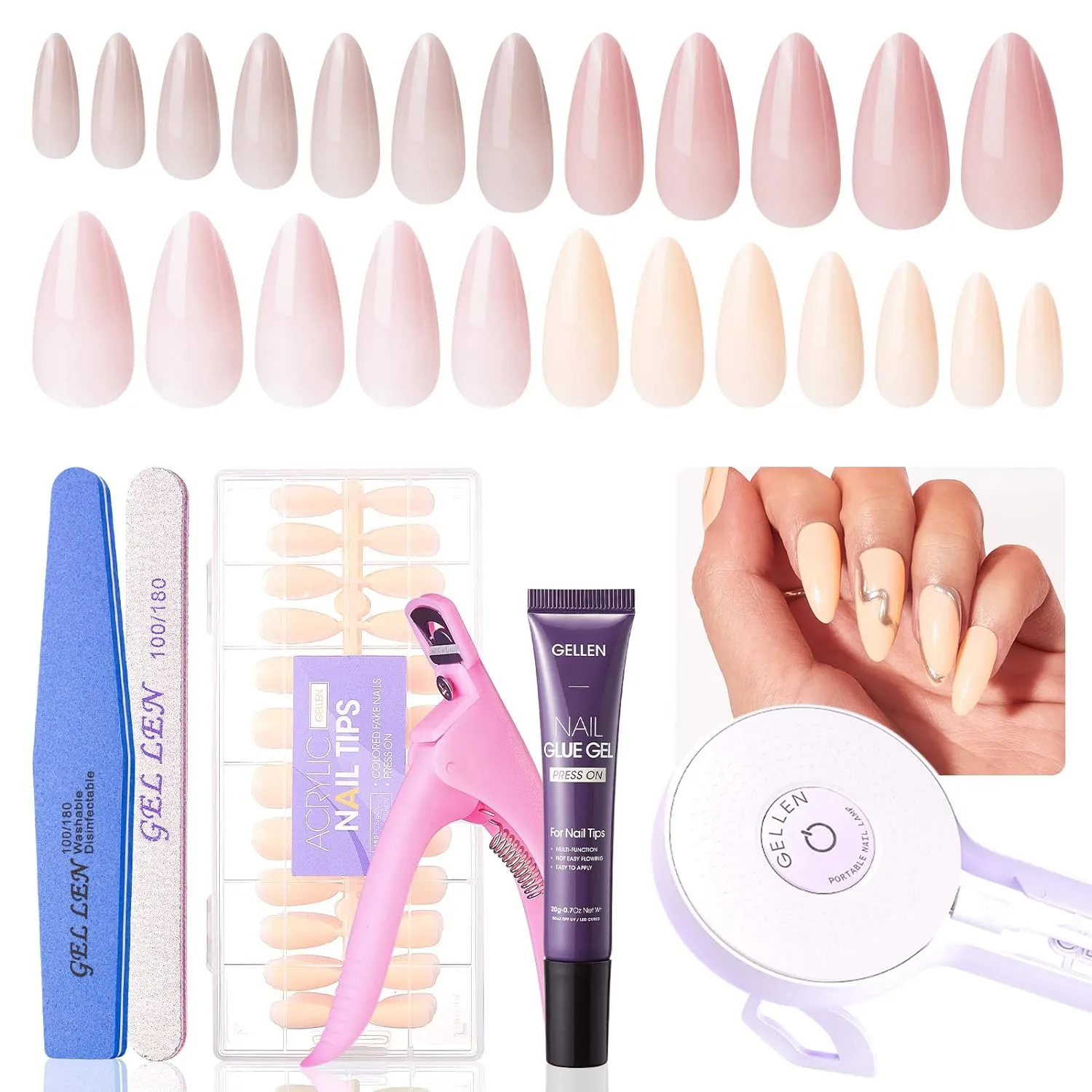 Nail Tips and Glue Gel Kit, 480Pcs Medium Almond Fake Nails, Easy Nail Glue Gel Nail Extension Kit With UV Light