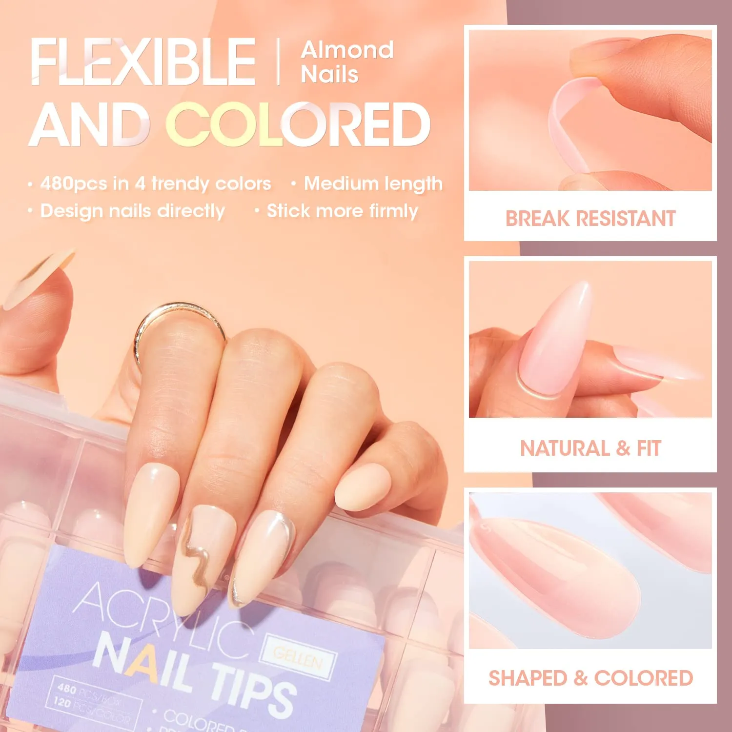 Nail Tips and Glue Gel Kit, 480Pcs Medium Almond Fake Nails, Easy Nail Glue Gel Nail Extension Kit With UV Light