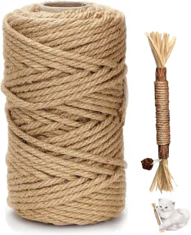 Natural Sisal Rope for Cat Scratcher - 100ft/6mm Durable Hemp Rope & Twine Cat Toy with Catnip, Includes Free Silvervine Sticks, Eco-Friendly for Cats & Kittens
