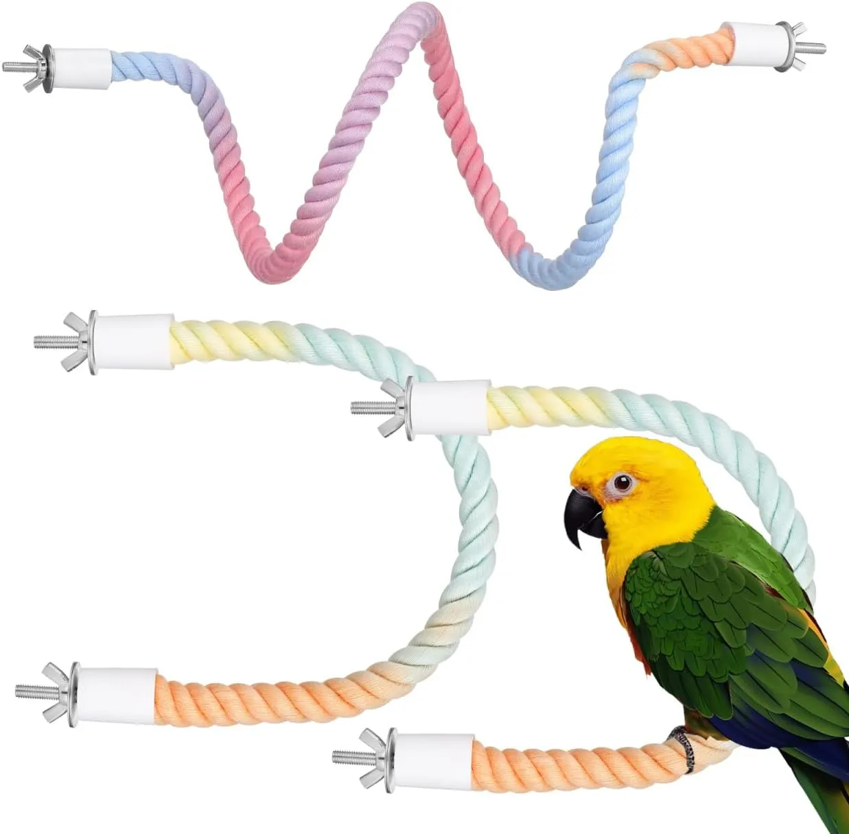 NOLITOY 3Pcs Bird Rope Perch Stand, Gradient Colorful Bendable Climbing Rope Swing Cage Accessory Toy for Parrots Cockatiel Budgie