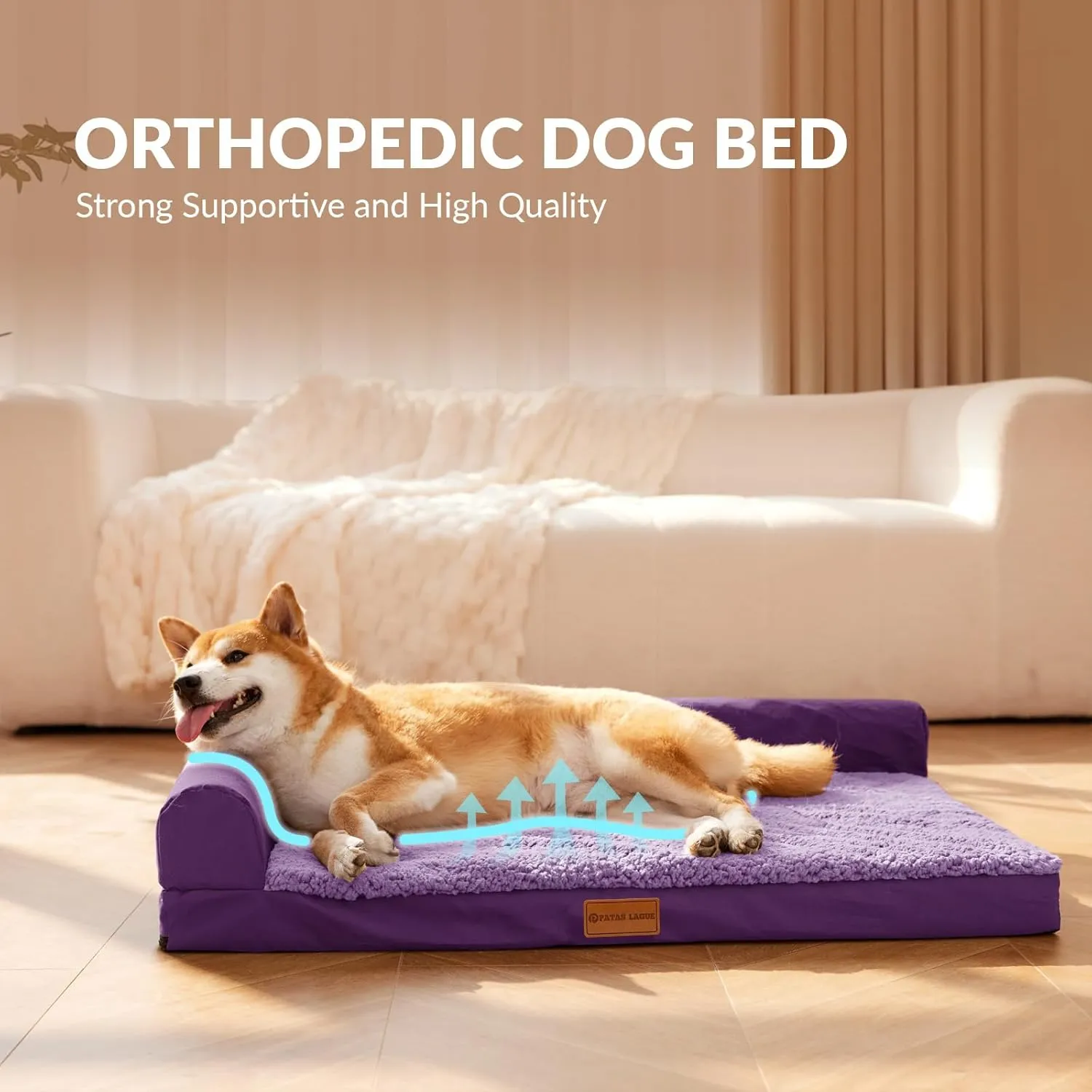 Patas Lague Orthopedic Dog Bed for Large Dogs, Waterproof L Shaped Large Pet Sofa Beds with Removable Washable Cover, Soft Comfortable Pet Couch Mat with Nonskid Bottom, 36''X24'' Purple