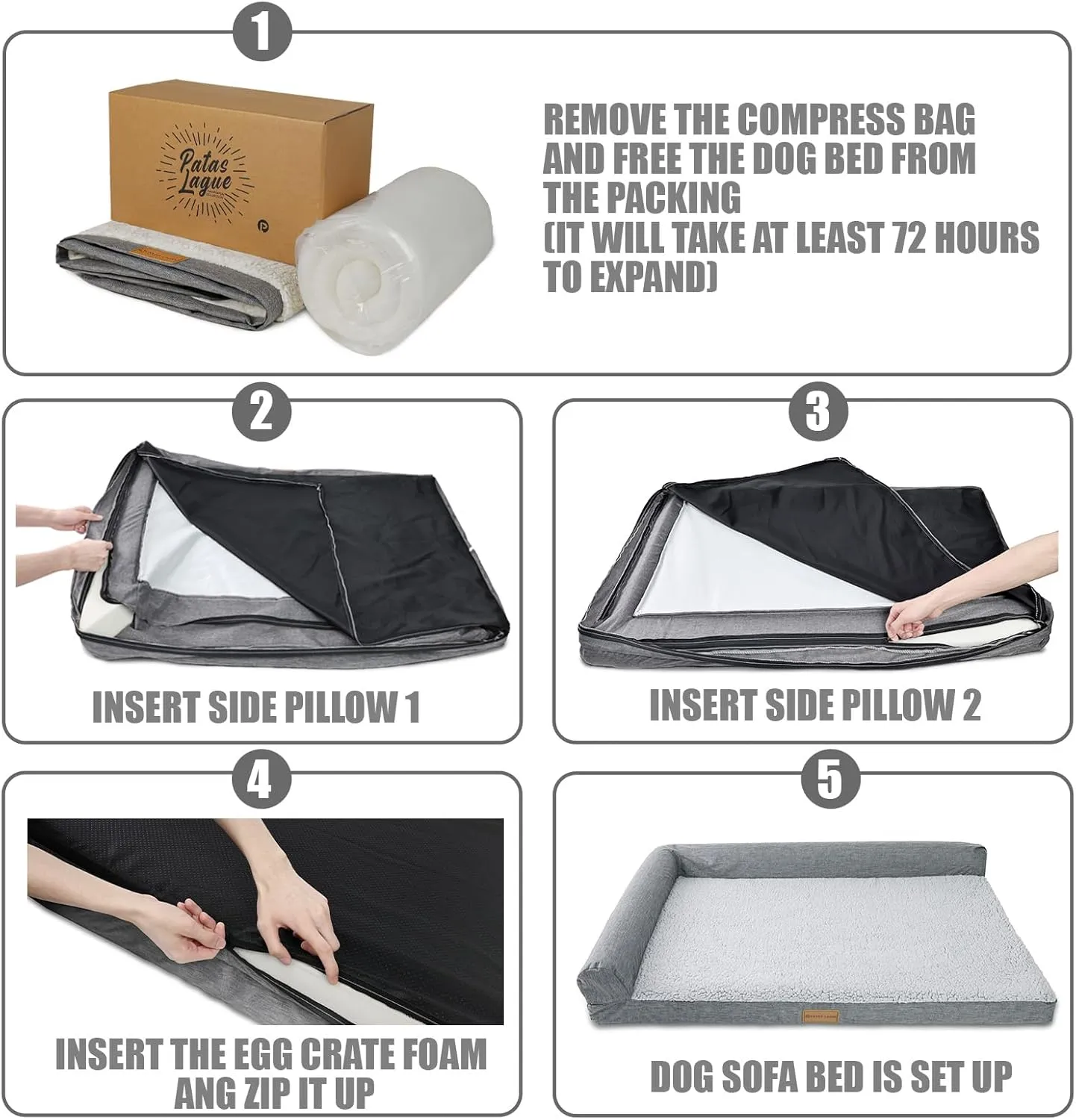 Patas Lague Orthopedic Dog Bed for Large Dogs, Waterproof L Shaped Large Pet Sofa Beds with Removable Washable Cover, Soft Comfortable Pet Couch Mat with Nonskid Bottom, 36''X24'' Purple
