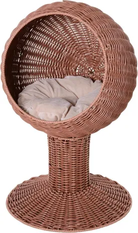 PawHut Elevated Cat Bed with Rotatable Egg Chair Pod, Cat Basket Bed with Thick Cushion, Natural Mat Grass Woven Kitty House, Brown