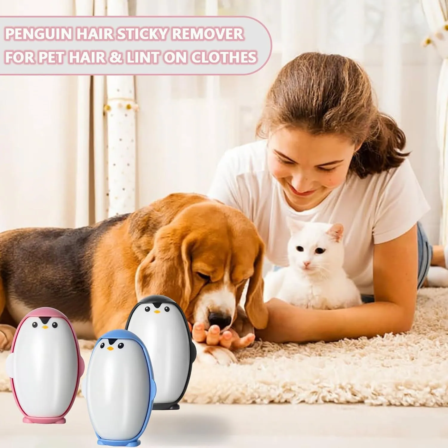 Penguin Shape Portable pet Hair Roller, Reusable Lint Rollers for Pet Hair,Washable Reusable Hair Remover for Cleaning Various dust and Debris(Pink)