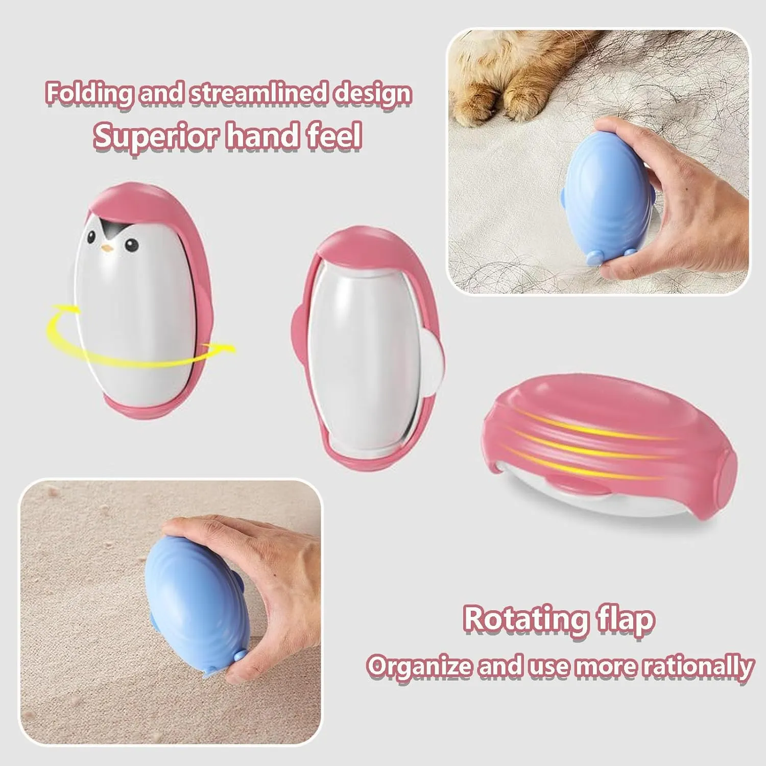 Penguin Shape Portable pet Hair Roller, Reusable Lint Rollers for Pet Hair,Washable Reusable Hair Remover for Cleaning Various dust and Debris(Pink)