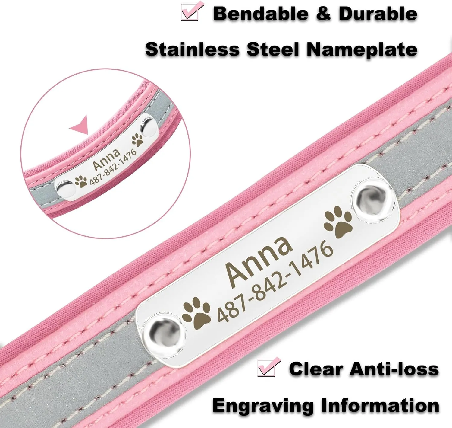 Personalized Reflective Dog Collars with Neoprene Padded,Custom Engraved Dog Collar with Name Plate for Small Medium Large Dogs (L,Pink)