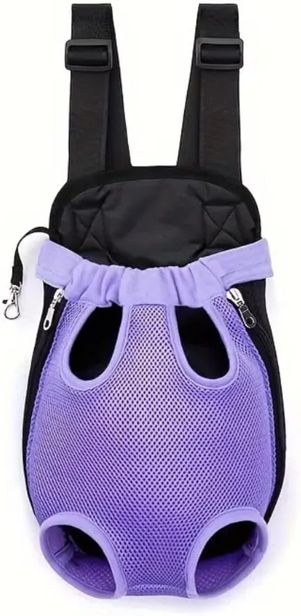 Pet Travel Backpack for Cats and Dogs, Portable Breathable Mesh Chest Carrier, Polyester Woven Double Shoulder Pet Bag for Outdoor Adventures (Purple, Small)