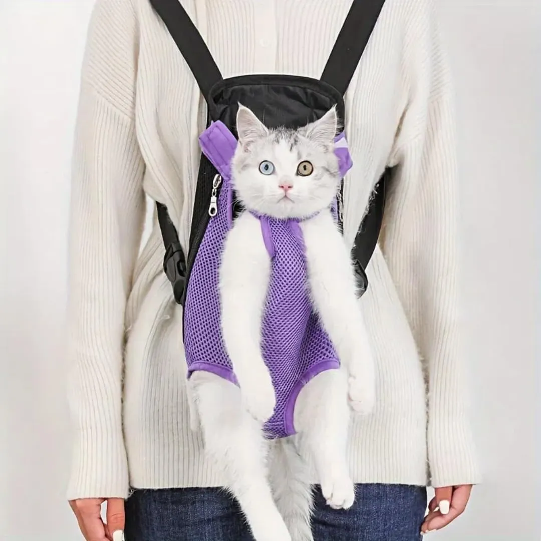 Pet Travel Backpack for Cats and Dogs, Portable Breathable Mesh Chest Carrier, Polyester Woven Double Shoulder Pet Bag for Outdoor Adventures (Purple, Small)