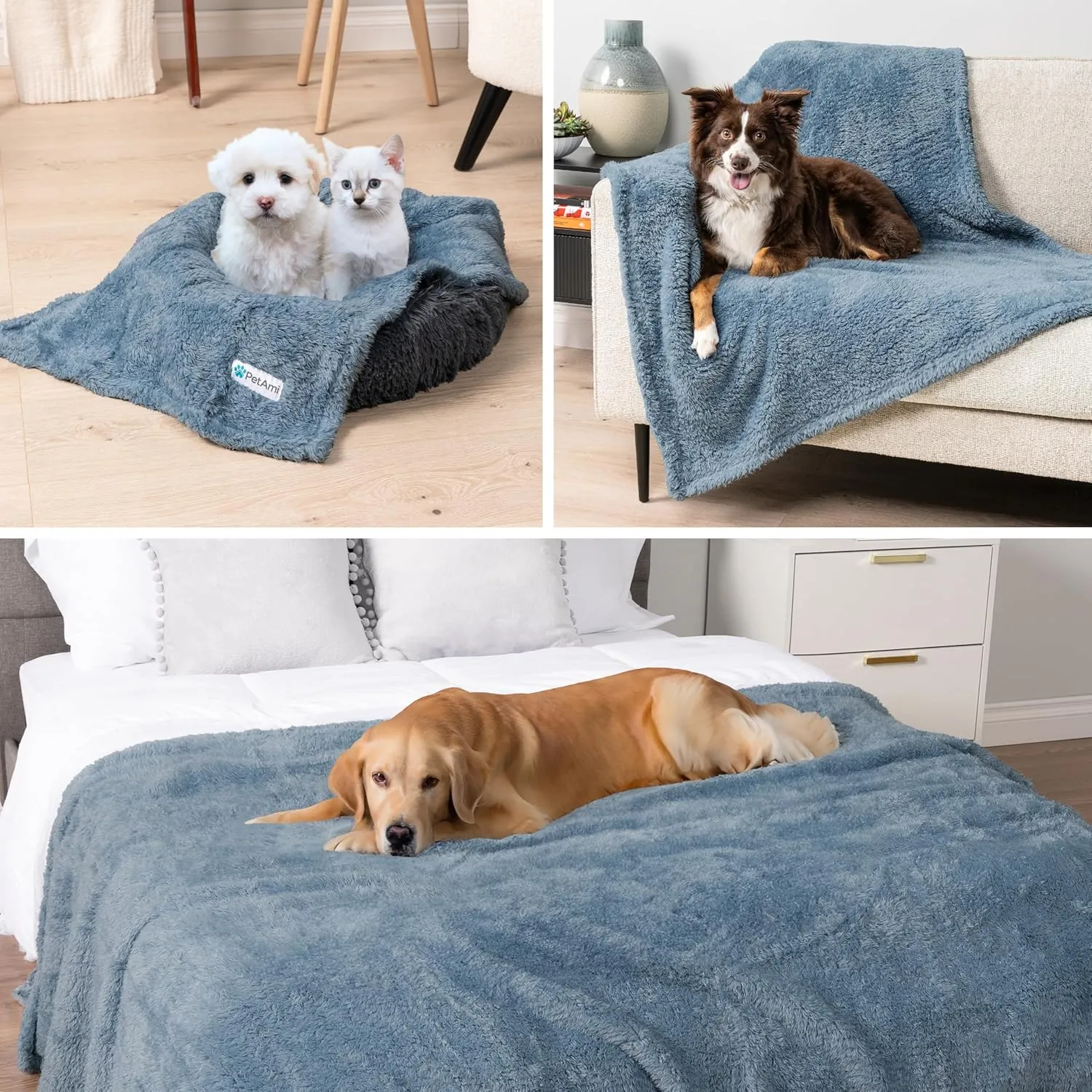 PetAmi Fluffy Waterproof Dog Blanket for Small Medium Dogs, Soft Warm Pet Sherpa Throw Pee Proof Couch Cover, Reversible Cat Puppy Bed Blanket Sofa Protector, Plush Washable Pad (Dusty Blue, 24x32)