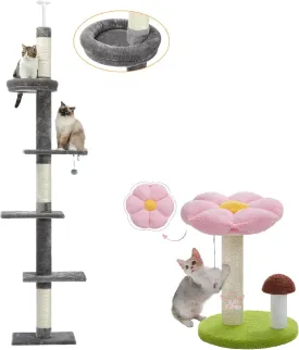 PETEPELA Cat Tower 5-Tier Floor to Ceiling Cat Tree Height(95-107 Inches) Adjustable, Tall Climbing Tree Cat Scratching Post, Mushroom Cat Scratcher Cute with Thick Scratching Post [Dia=3.5'']