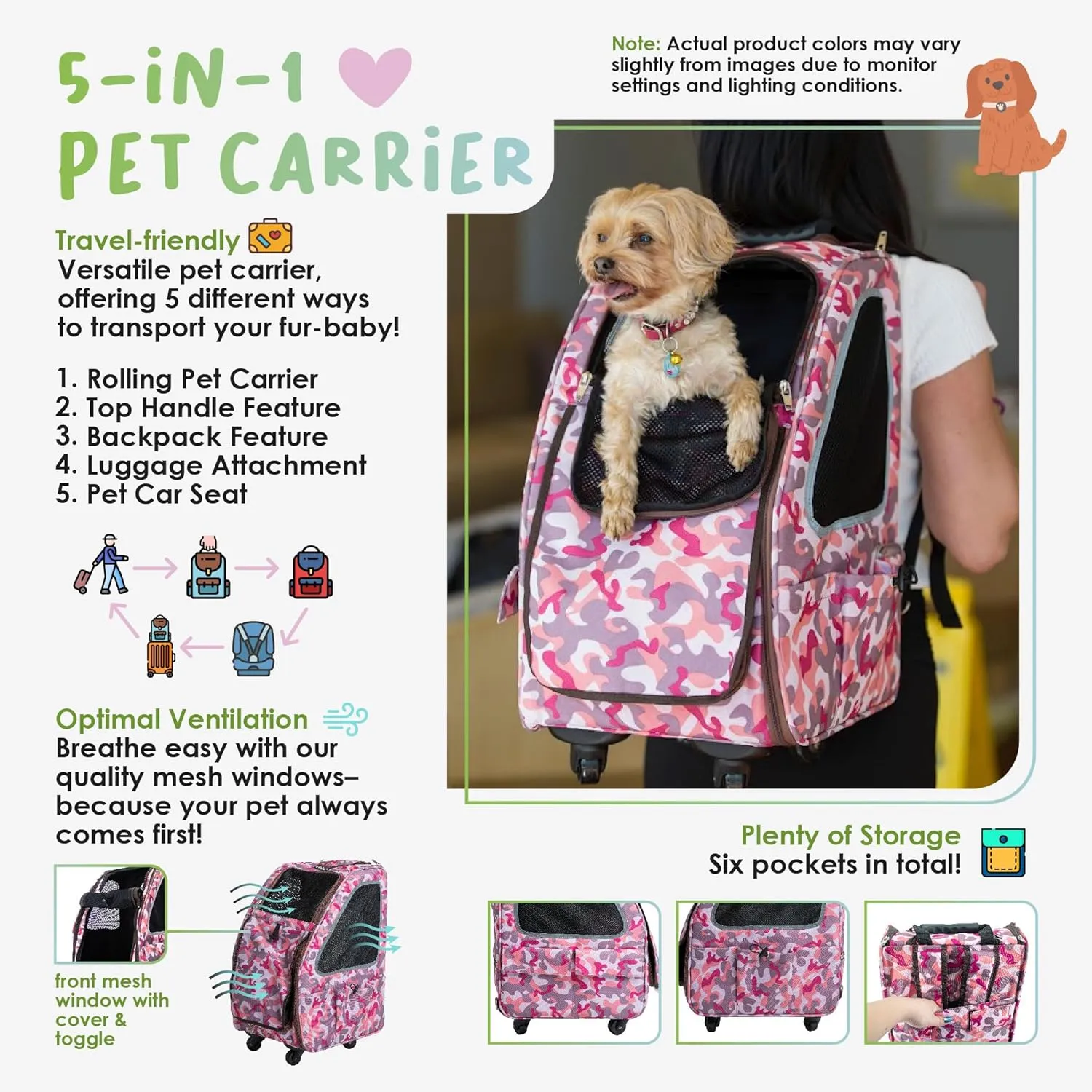 Petique 5-in-1 PET Carrier, Features: Rolling, Top Handle, Backpack, Luggage Attachment, Car Seat All in ONE for Small to Medium Dog, Cat, Bunny, Supports Pets up to 25LBS - Pink CAMO