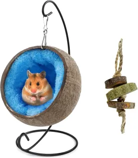 Ranslen Natural Coconut Hamster Hideout Hammock with Molar Toy Suspension Coconut Husk Hamster Bed House with Warm Pad Small Animal Guinea Pigs Habitat Decor Accessories Hanging Loop (Brown)