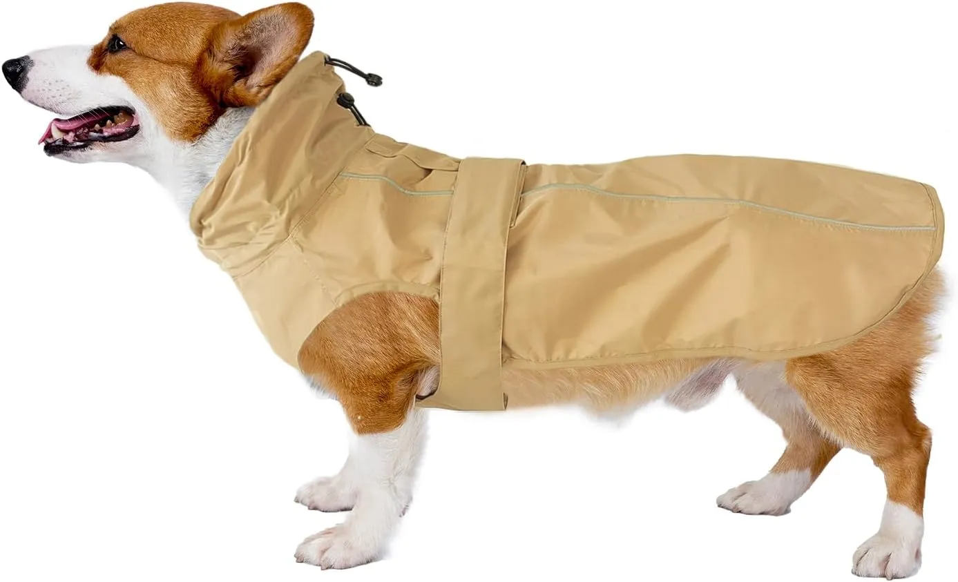Waterproof Dog Raincoat with Reflective Strip, Adjustable Breathable Rain Coat Jacket with Leash Hole for Dogs (Khaki, X-Small)