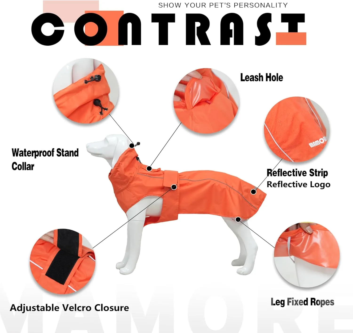 Waterproof Dog Raincoat with Reflective Strip, Adjustable Breathable Rain Coat Jacket with Leash Hole for Dogs (Orange, X-Small)