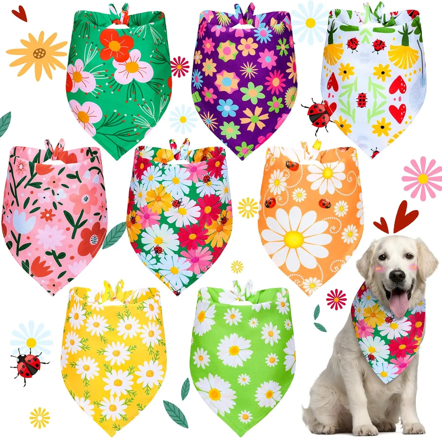 Weewooday 8 Pieces Dog Bandanas for Summer Flower Print Triangle Bibs Floral Puppy Scarf Kerchief Accessories for Dogs Cats Pets(L, Summer Flower)